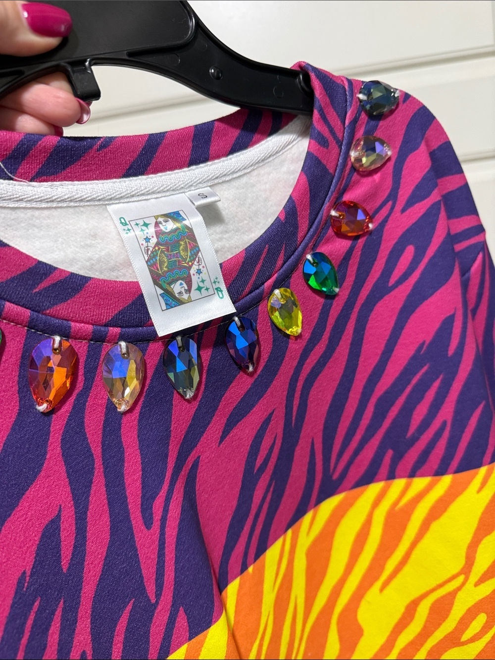 QUEEN OF SPARKLES Multi-Color Zebra tiger Stripe Jewel-Trim Sweatshirt - Picture 6 of 7